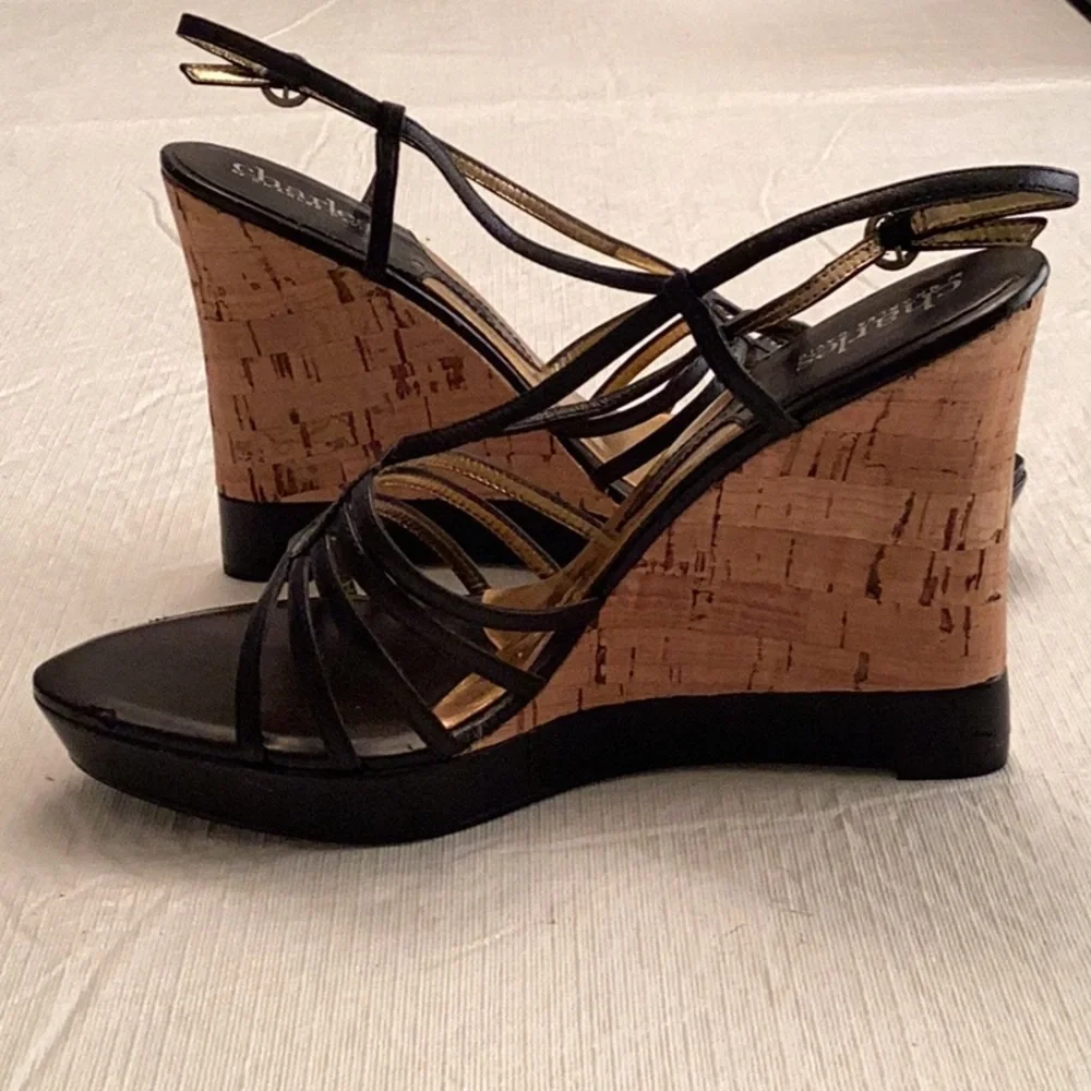 CHARLES by Charles David Cork and Black Leather Wedge Sandal. Size 8 M